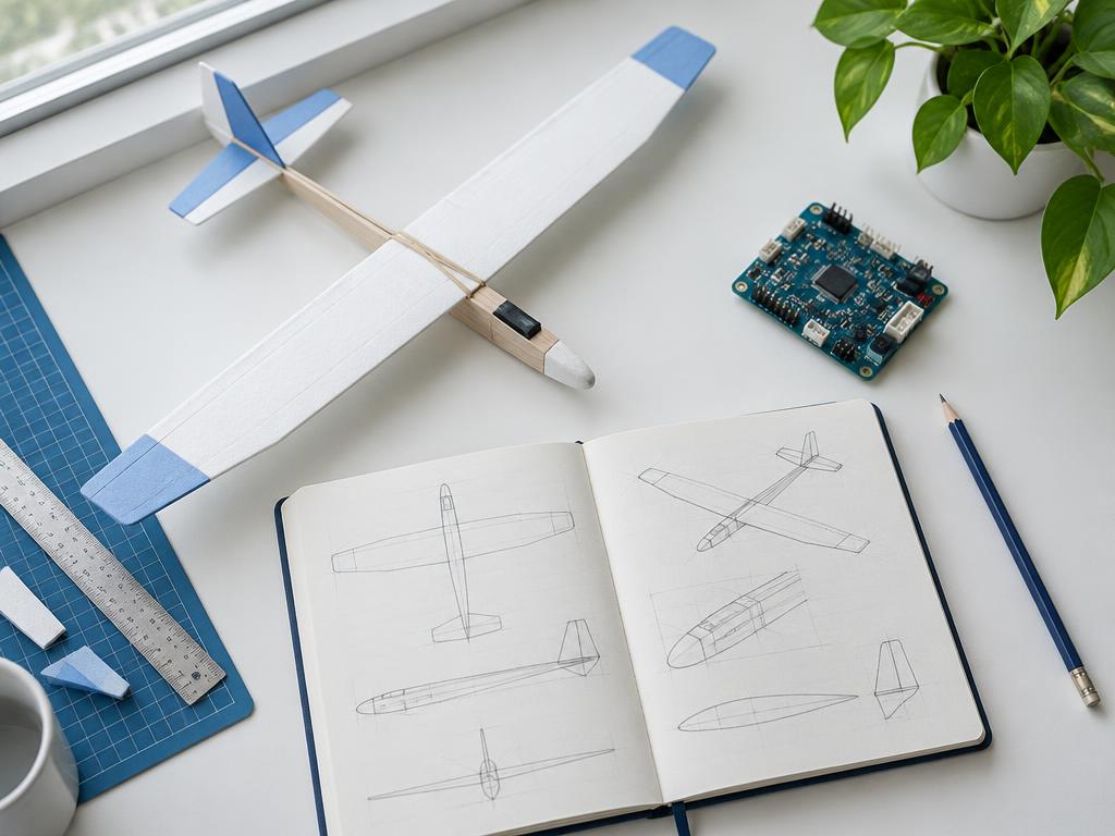 Illustrative research workspace with a model glider and notebook